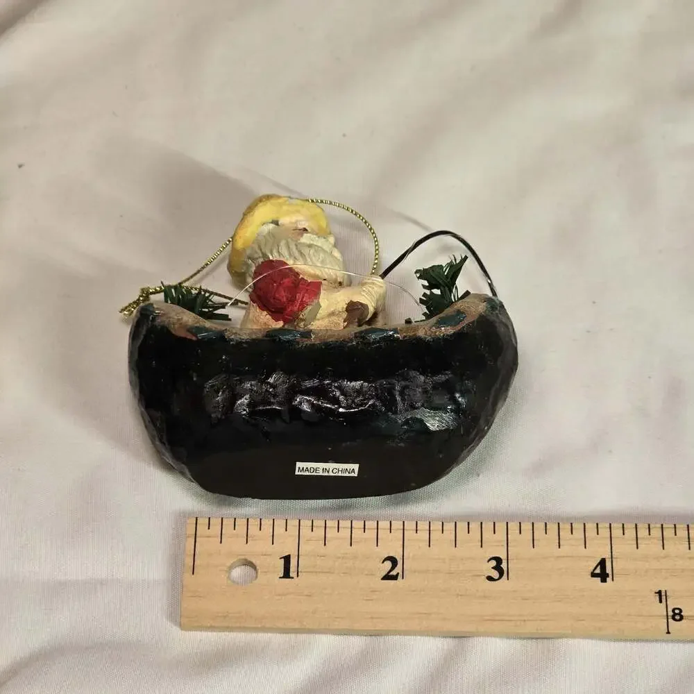 Fishing Santa Claus Canoe Ornament Hand Painted Resin 4” Rustic Cabin Christmas